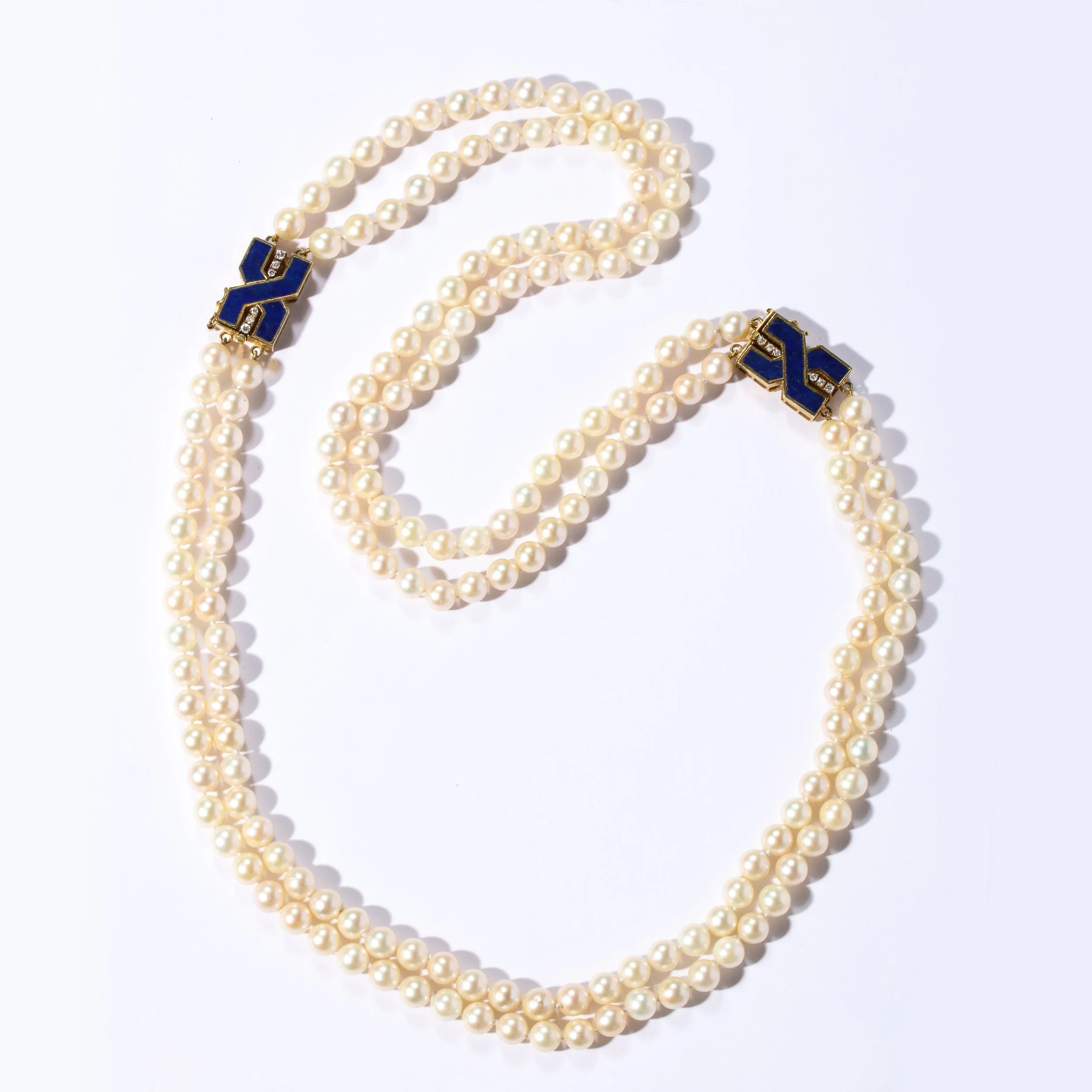 Modernist Bold Double Stand pearl Necklace with Lapis,Gold Modernist Bold Double Stand pearl Necklace with Lapis,Gold